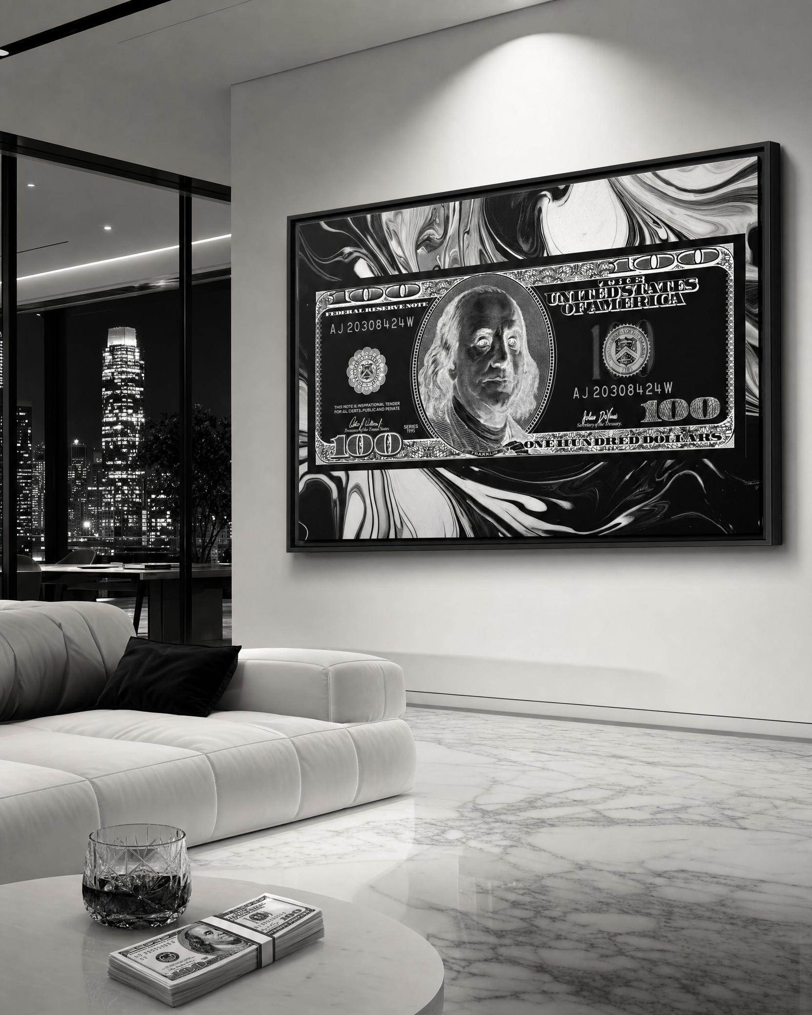 Black Marble $100 — Framed Canvas Print