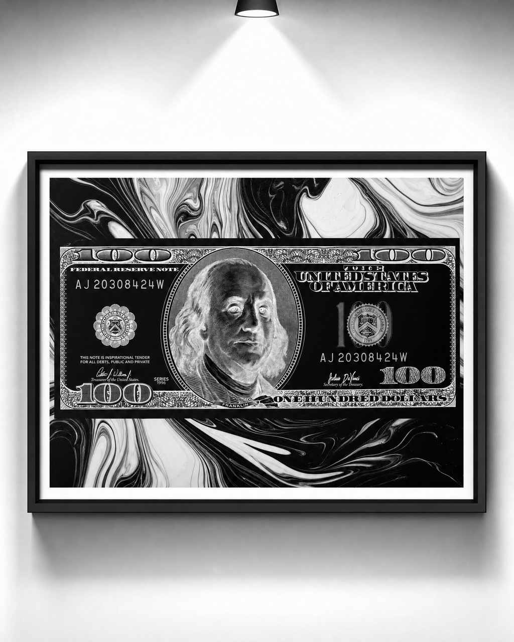 Black Marble $100 — Framed Canvas Print