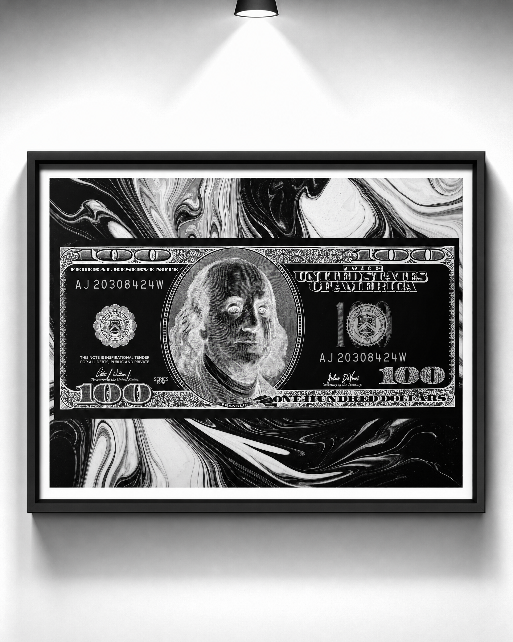 Black Marble $100 — Framed Canvas Print