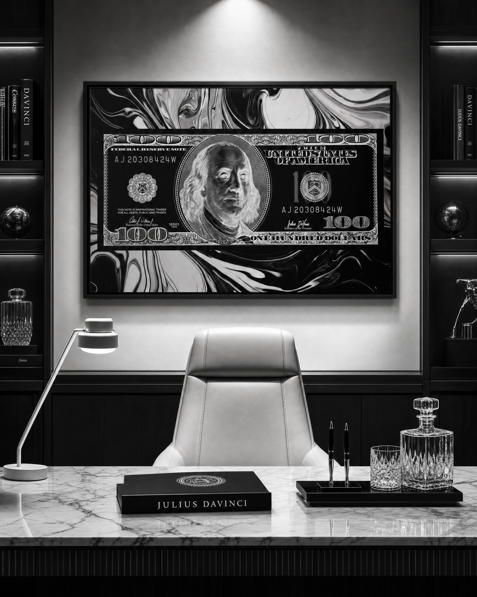 Black Marble $100 — Framed Canvas Print