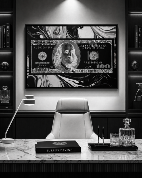 Black Marble $100 — Framed Canvas Print