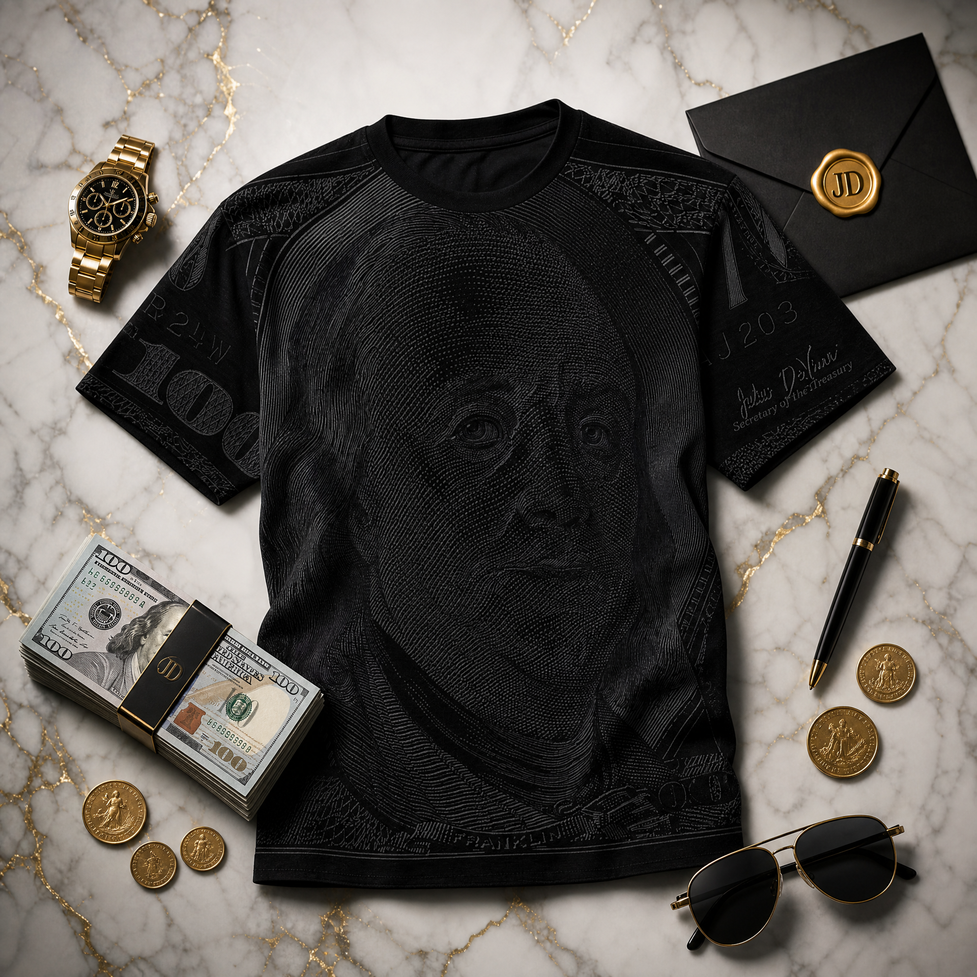 The Shadow Tee — Black on Black Benjamin Franklin